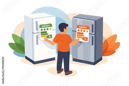 Man comparing energy efficiency labels on refrigerators.