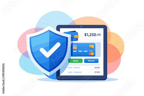 Secure online payment with digital tablet and shield icon.