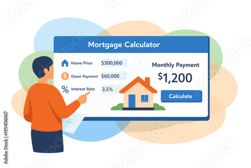 Man uses mortgage calculator on screen to determine monthly payment.