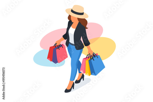 Woman with Shopping Bags Wearing a Hat and Blue Jeans.