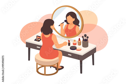 Woman applying makeup in front of a mirror at a vanity table.
