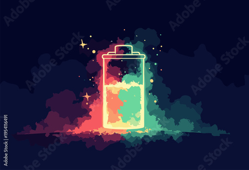 conceptual glowing battery icon charging violently from 1 red to bursting, glowing 100 green Energy Motivation concept Dark mode background Blank negative space