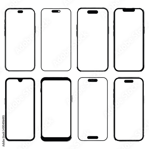 Modern smartphone with black frame mockup set vector illustration, collection of mobile device frames with various notch styles for app design, digital prototypes