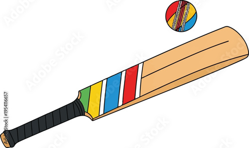 A colorful cricket bat and ball illustration isolated on a simple white background for sports