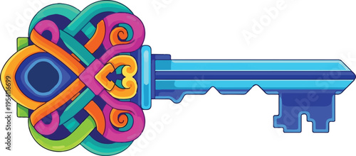 A vibrant and ornate fantasy key featuring intricate knotwork patterns and bright neon colors