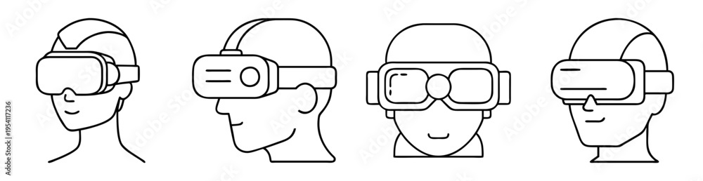 Obraz premium Line art illustrations of people wearing virtual reality headsets in different angles