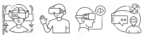 Four illustrations of people wearing virtual reality headsets in different scenarios