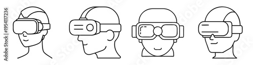 Line art illustrations of people wearing virtual reality headsets in different angles