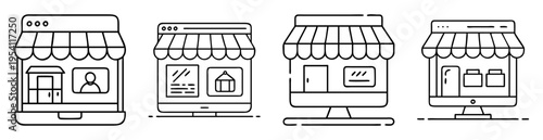 Conceptual representation of online commerce platforms with traditional storefront visuals