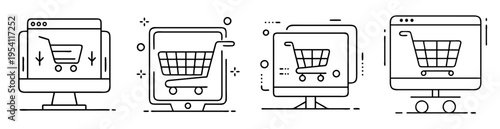 Four minimalist line art illustrations depicting online shopping on digital screens