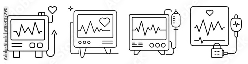 Linear representation of heart monitors with EKG readings and heart icons
