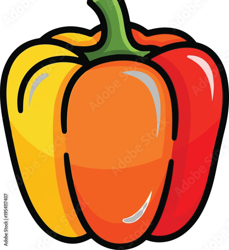 A colorful cartoon illustration of a fresh bell pepper with vibrant red yellow and orange segments