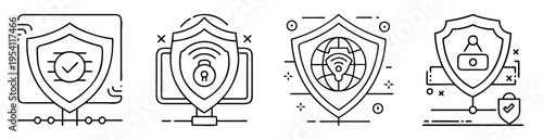 Collection of four distinctive security shield line art icons for internet safety