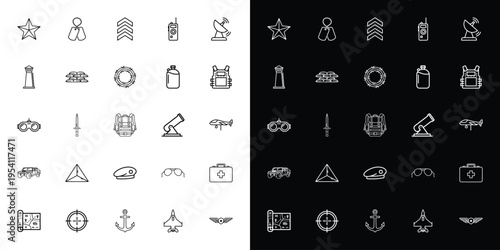 Set of 25 Military and Army Line Icons Vector Collection, Featuring Weapons, Uniforms, Vehicles, and Equipment for Defense and Security Concepts