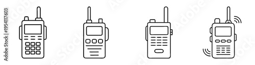 Four minimalist line art depictions of walkietalkies with varying button layouts