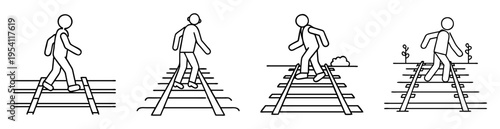 Four stick figures walking on or near railroad tracks at different places