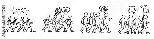 Vector illustration of walking stick figures with hearts symbolizing love and connection