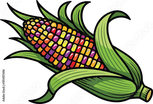 A colorful illustration of a ripe ear of flint corn with vibrant kernels and green leafy husks