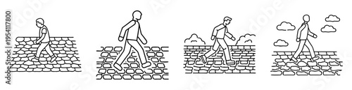 Four figures walking on brick paths in a schematic monochrome illustration