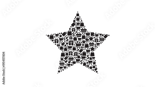 Star shape filled with various small black shopping and money icons on a white background, symbolizing consumerism and retail success.