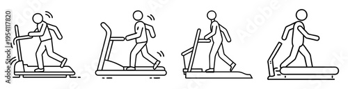 Line drawing illustration showing stick figure persons on different types of treadmills