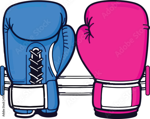 A vibrant digital illustration of a pair of blue and pink boxing gloves facing each other in ring