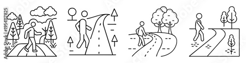 Line art icons illustrating pedestrian movement through varied natural and urban landscapes