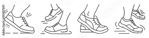 Four distinct line art illustrations of feet in sneakers, demonstrating motion