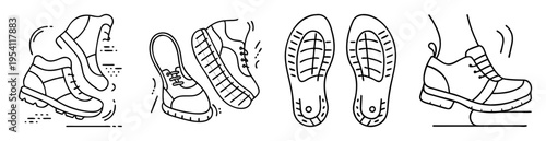 Various shoes and shoe sole outlines in a minimalist, line art style