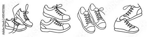 Various pairs of outlined sneakers with laces for athletic or casual wear