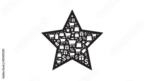 Star shape filled with numerous small black and white shopping icons visually represents concepts of online retail, customer loyalty, and consumer satisfaction, ideal for e-commerce promotions.