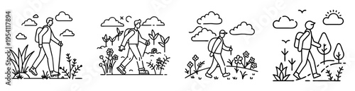 Line art illustration of people hiking with nature landscape drawings