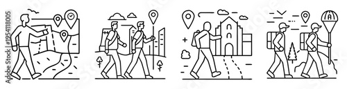 Four illustrations of people hiking and exploring with maps and landmarks