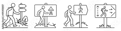 Illustrations depicting hikers and different directional and information signs along trails