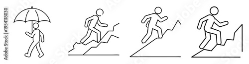 Four stick figures climbing different types of stairs or upward graphs