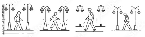 Line art illustration showing people walking past different types of streetlights