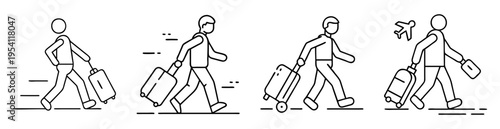 Line art illustration showing different stages of person traveling with luggage
