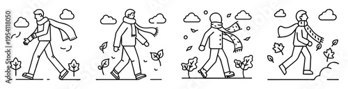 Line art illustration of four people walking through different seasonal weather