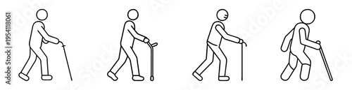 Line drawings showing the physical posture changes with age while walking