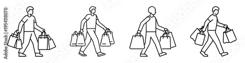 Linear illustrations of men carrying shopping bags after shopping on white background