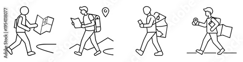 Four stylized line drawings of people hiking, using maps and technology