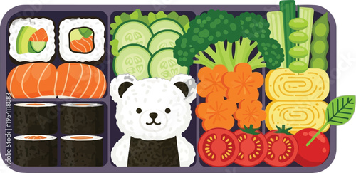 A cute bento box illustration featuring a panda rice ball surrounded by fresh sushi and vegetables