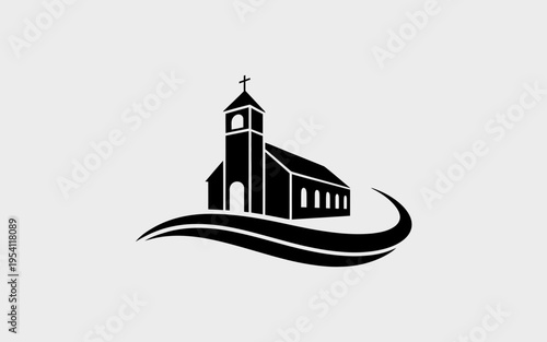 A minimalist black silhouette of a traditional church building with a cross on the steeple top isolated on white background, Vector, illustration