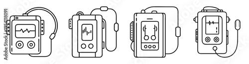 Group of four different heart monitoring Holter devices with attached leads