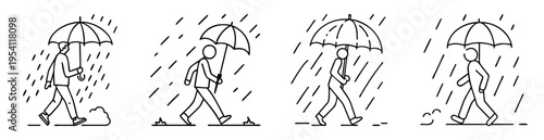 Simple line drawing of people walking in the rain with umbrellas