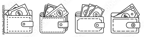 Line art illustration of wallets overflowing with cash symbolizing wealth and finance