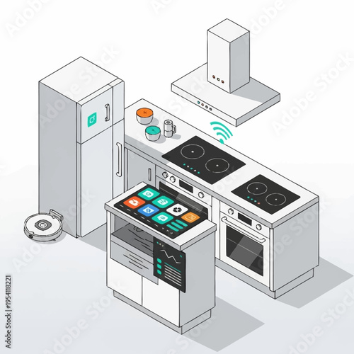 Isometric kitchen scene featuring smart appliances and a robot vacuum cleaner.