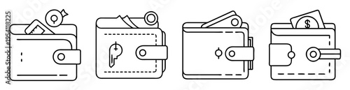 minimalist line art illustrations of various wallets with contents and closure styles