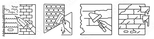 Collection of black and white line art icons depicting masonry work