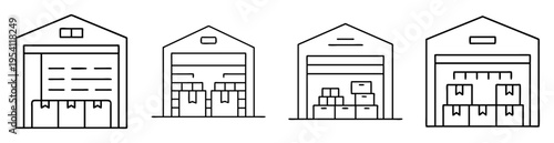 Illustration of four warehouse buildings with varying contents and roof styles